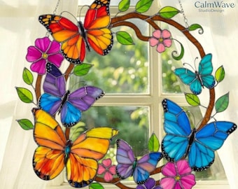 Butterfly Wreath Suncatcher, Colorful Butterfly Window Hanging, Style Art, Butterfly Lover Gift, Gift For Her