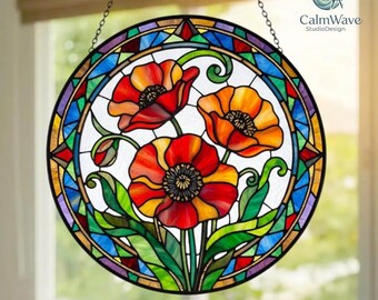 Poppy Flowers Suncatcher, Stained Glass Plant Home Decor, Unique Botanical Art Window Hanging, Artistic Poppy, Memory Day, Nana's Blessings