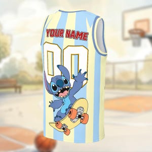 A basketball jersey featuring a cartoon character from the movie Lilo & Stitch, with the character riding a skateboard.