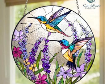Hummingbird Stained Glass Suncatcher, Mother's Day Gift for Mom Grandma, Spring Decor, Window Hanging Bird Art, Sympathy Memory Gift