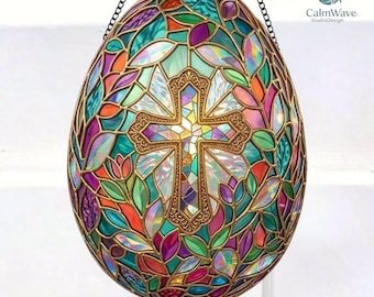 Christian Cross Easter Egg Stained Glass Suncatcher, Floral Faith Window Hanging, Religious Easter Decor, Christian Gift