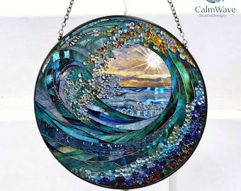 Ocean Wave Stained Glass Suncatcher，Beach Coastal Glass Suncatcher Handmade，Beach House Window Hanging Ocean Suncatcher Gift