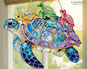 Personalized Sea Turtle Suncatcher,Mothers Day Gift For Grandma Mom with Kids Name,Family Name,Window Hanging,Turtle Beach Lovers Gift