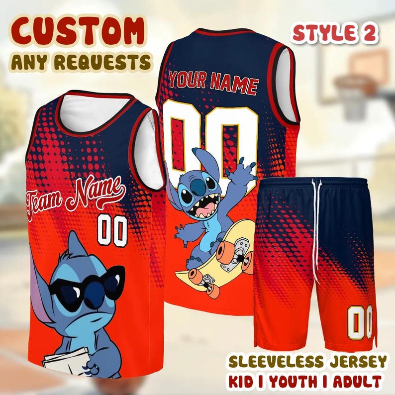 A custom basketball jersey and matching shorts featuring a cartoon character, along with the text "CUSTOM ANY REQUESTS" and "YOUR NAME" printed on them.