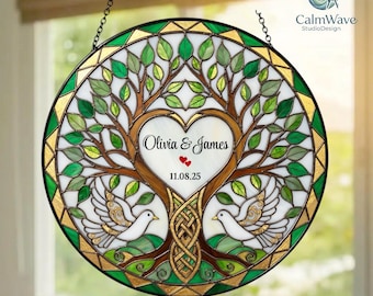 Wedding Tree Suncatcher Stained Glass Style, Personalized Wedding Gift for Bride & Groom