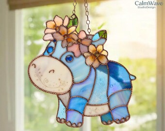 Floral Crown Hippo Acrylic Suncatcher – Faux Stained Glass Window Hanging with Cute Hippo and Wildflowers