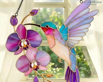 Hummingbird Orchid Acrylic Suncatcher, Colorful Bird Window Hanging Decor, Floral Light Catcher Gift for Nature Lovers