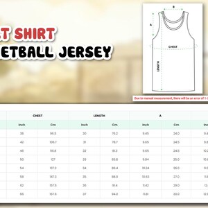 The image is an adult shirt basketball jersey size chart, which includes measurements for chest, waist, and length.