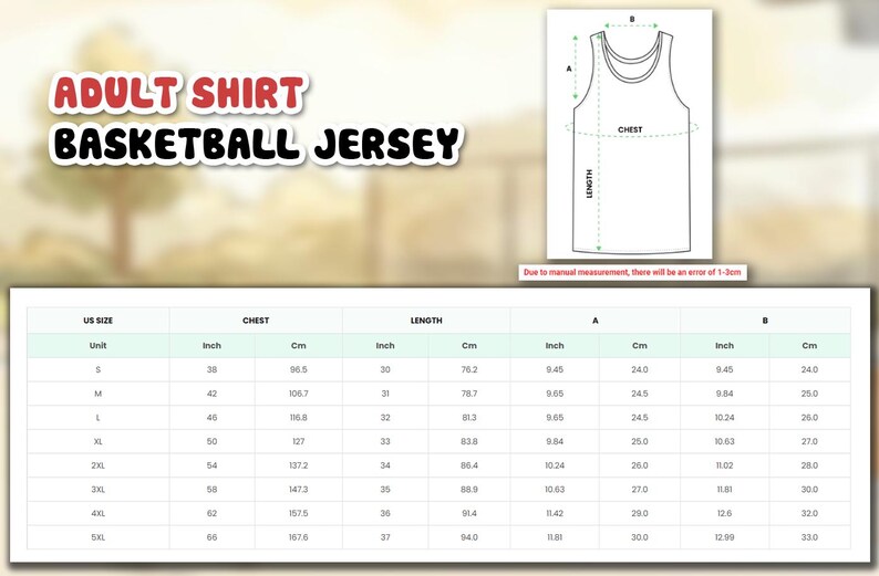 The image is an adult shirt basketball jersey size chart, which includes measurements for chest, waist, and length.