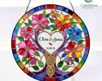 Wedding Tree Suncatcher Stained Glass Style, Personalized Wedding Gift for Bride & Groom