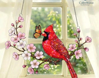 Cardinal and Butterfly Acrylic Suncatcher – Holographic Window Hanging, Memorial Gift for Bird Lovers