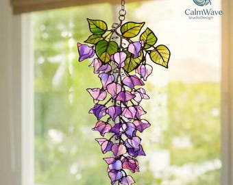 Wisteria Stained Glass Suncatcher, Purple Flower Window Hanging,  Spring Garden Sun Catcher Decor,Handmade Botanical Glass Ornament