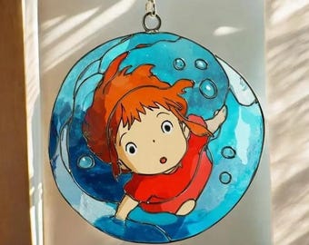 Ponyo and Sosuke Inspired Christmas Suncatcher, Faux Stained Glass Window Hanging, Ocean Anime Holiday Decor, Christmas for Anime Lovers