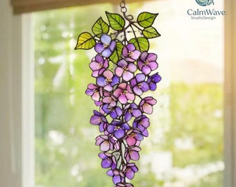 Wisteria Stained Glass Suncatcher, Purple Flower Window Hanging, Handmade Botanical Glass Ornament, Spring Garden Sun Catcher Decor