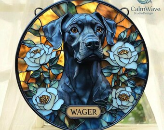 Stained glass window art, stained glass paintings, keepsakes for the loss of a dog, gifts for the loss of a veterinarian.
