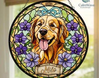 Personalized Dog Portrait Stained Glass Suncatcher, Custom Pet Memorial Stained Glass Photo Suncatcher, Dog Loss Keepsake, Pet Loss Gift