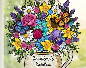 Personalized Grandma's Garden Suncatcher, Birth Month Flower Stained Glass Acrylic Window Hanging, Mother's Day Gift, Grandma Gift