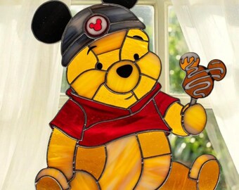 Winnie The Pooh Stained Glass Pattern, Winnie The Pooh With Honey Bee Suncatcher Pattern, Modern Suncatcher