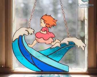 Ghibli Ponyo Inspired Acrylic Suncatcher Ocean Wave Window Hanging Faux Stained Glass Anime Fan Gift Miyazaki Art Home Decor, Valentine gift