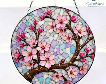 Pink cherry blossom branch stained glass suncatcher round floral art gift for mom or grandma