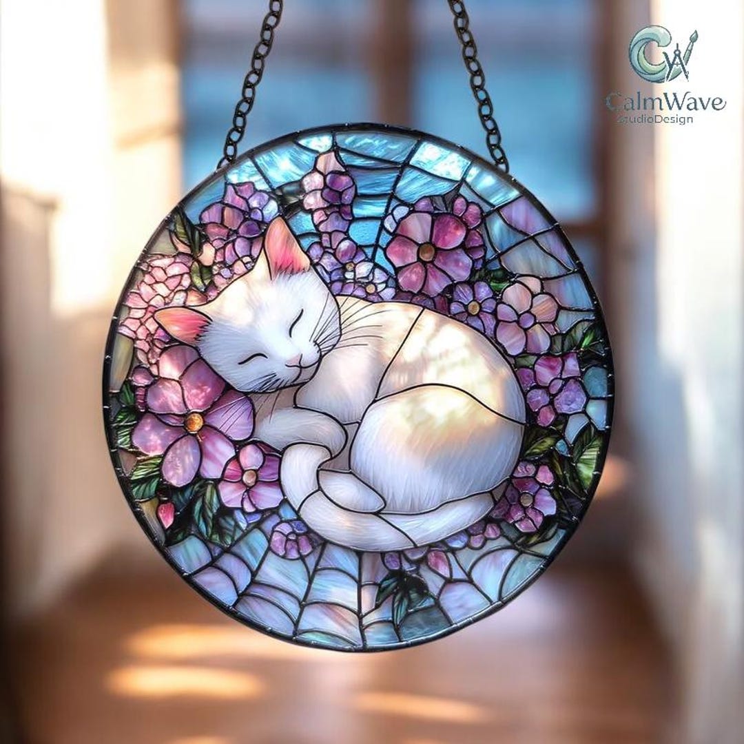 Sleeping Cat Floral Acrylic Suncatcher - Round Faux Stained Glass ...