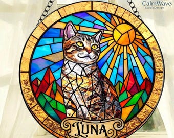Personalized Cat Memorial Stained Glass, Loss of Pet Sympathy Gift, Cat With Name Suncatcher, Cat Suncatcher, Custom Pet Image Gift, LossCat