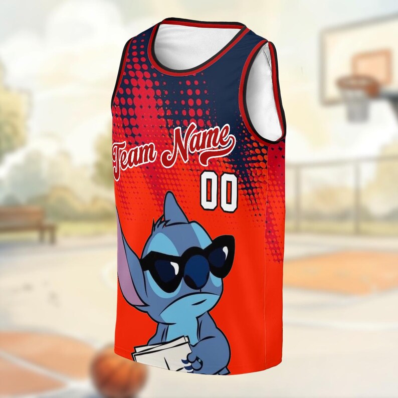 A basketball jersey featuring a cartoon character wearing sunglasses and holding a basketball.