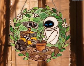 WALL-E and EVE Suncatcher, Pixar Robot Window Hanging, Cute Robot Plant Scene Decor, Romantic Gift for Movie Lovers