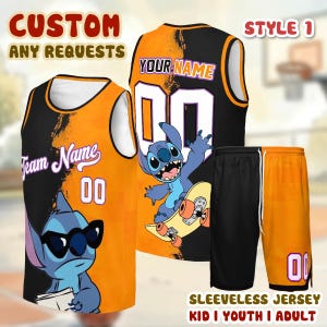 Custom basketball jersey and shorts featuring a cartoon character, with the text "Custom Any Requests" and "Your Name" printed on them.