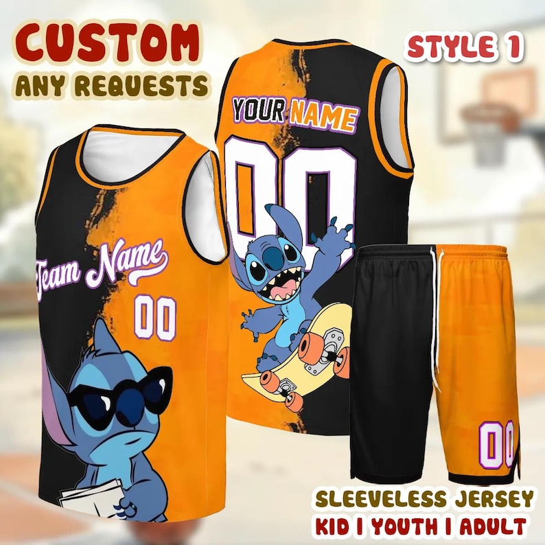 Custom basketball jersey and shorts featuring a cartoon character, with the text "Custom Any Requests" and "Your Name" printed on them.