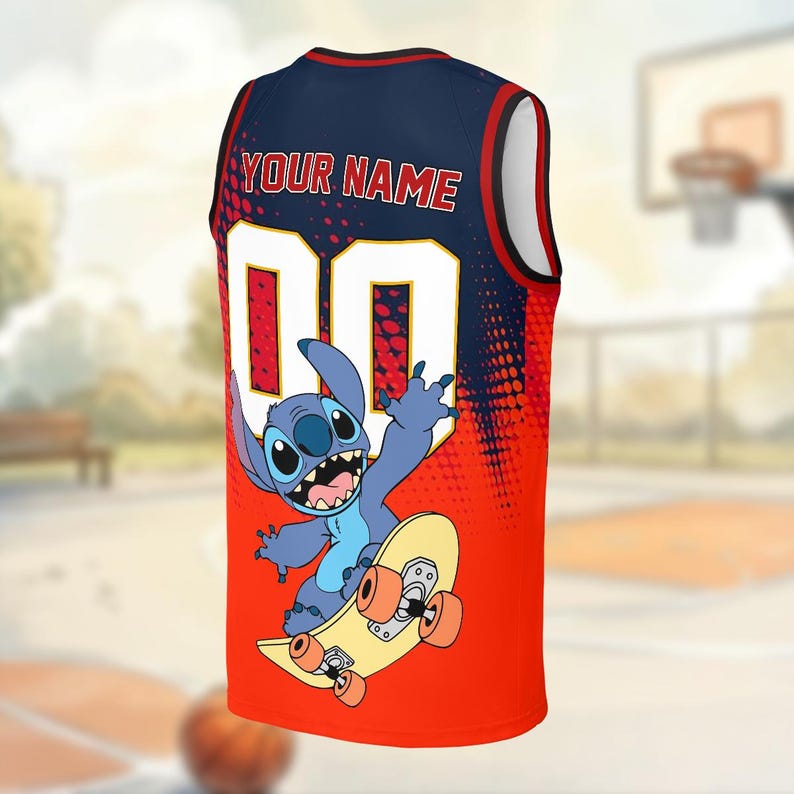 A basketball jersey with a cartoon character on it, featuring a skateboard and the text "YOUR NAME" printed on the back.