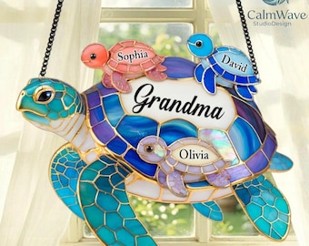 ersonalized Grandma Sea Turtle Acrylic Suncatcher, Custom Family Names Hanging Window Decor, Cute Gift for Granny Mother’s Day Birthday