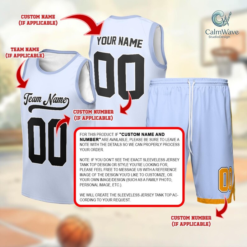 a pair of white basketball jerseys with custom names and numbers, along with a pair of white shorts. The jerseys and shorts are displayed against a blurred background, and there is a note about customizing the product.