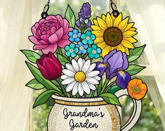 Personalized Grandma's Garden Suncatcher, Birth Month Flower Stained Glass Acrylic Window Hanging, Mother's Day Gift,Mom Gift , Grandma Gift