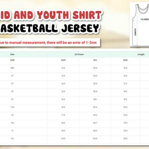The image is a size chart for a youth basketball jersey, providing measurements for different age groups.