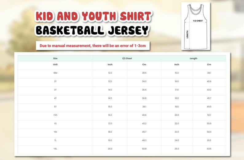 The image is a size chart for a youth basketball jersey, providing measurements for different age groups.