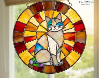 Handmade Stained Glass Cat Suncatcher, Sunset Cat Window Hanging, Round Glass Window Decor, Cozy Gift for Cat Lovers