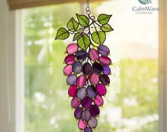 Wisteria Stained Glass Suncatcher,Spring Garden Sun Catcher Decor, Purple Flower Window Hanging, Handmade Botanical Glass Ornament