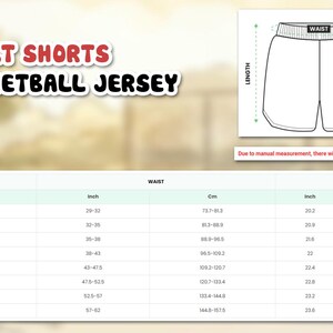 The image is an advertisement for adult shorts, specifically a basketball jersey. It features a table with measurements for different sizes, including US sizes and waist measurements, along with a diagram of the shorts.
