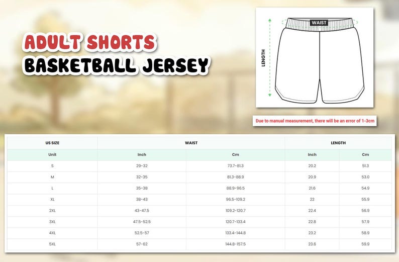 The image is an advertisement for adult shorts, specifically a basketball jersey. It features a table with measurements for different sizes, including US sizes and waist measurements, along with a diagram of the shorts.