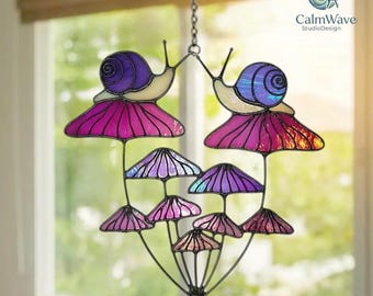 Mushrooms with Snail Stained Window Hangings. Pink Suncatcher Mushrooms for Home Decoration. Perfect Gift for Friends or Coworkers.