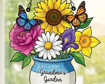 Personalized Grandma's Garden Suncatcher, Birth Month Flower Stained Glass Acrylic Window Hanging, Mother's Day Gift, Grandma Gift, Mom Gift