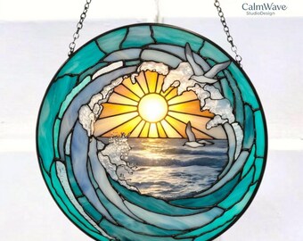 Sea wave stained glass window decorations, beach-themed stained glass window decorations