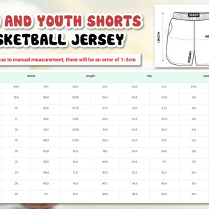 The image is a collage of multiple images depicting children's basketball shorts in various sizes, along with a table of measurements for the waist, hip, and length.
