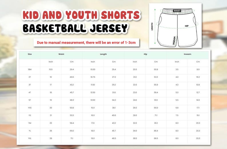 The image is a collage of multiple images depicting children's basketball shorts in various sizes, along with a table of measurements for the waist, hip, and length.
