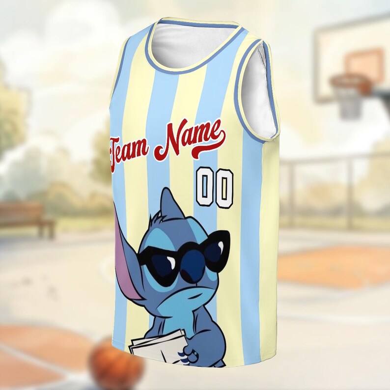 A basketball jersey featuring a cartoon character wearing sunglasses and holding a basketball.