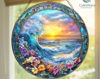 Ocean Waves Painted Stained Glass Suncatcher, Window Hanging Decor, Ocean Sun Catcher Decor, Beach House Wall Decor