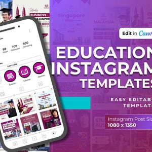 Może przedstawiać: Projekt szablonu Instagram dla edukacji, z telefonem wyświetlającym stronę profilu i ikonami wydarzeń, kursów i absolwentów. Tło zawiera szablony programów studiów za granicą.