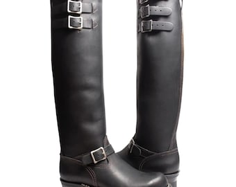 Handmade Black Leather Motorcycle Boots | 16-Inch Tall Biker Boots | Triple Strap | Vibram Sole