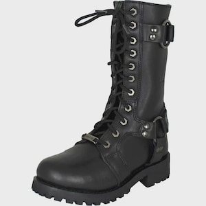 May include: Black leather mid-calf boot with a lace-up front and a side buckle closure. The boot features a rounded toe, a lug sole, and metal hardware accents. The boot has a biker style.